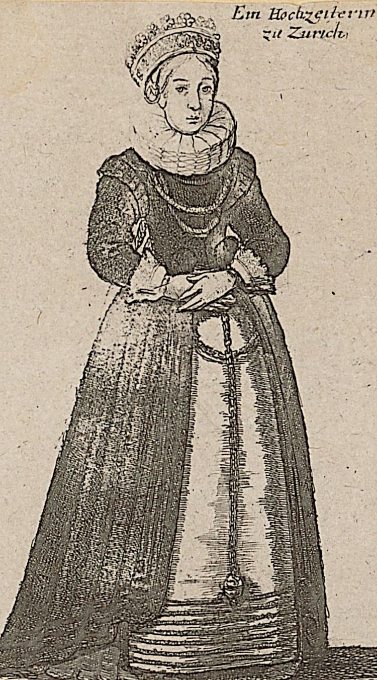 Ein Hochzeiterin zu Zurich : Virgo Nuptialis Tiguriensis. [S.l.] : [s.n.], [1649]. Zentralbibliothek Zürich, Trachten, Zürich I, 51, https://doi.org/10.3931/e-rara-36430 / Public Domain Mark.