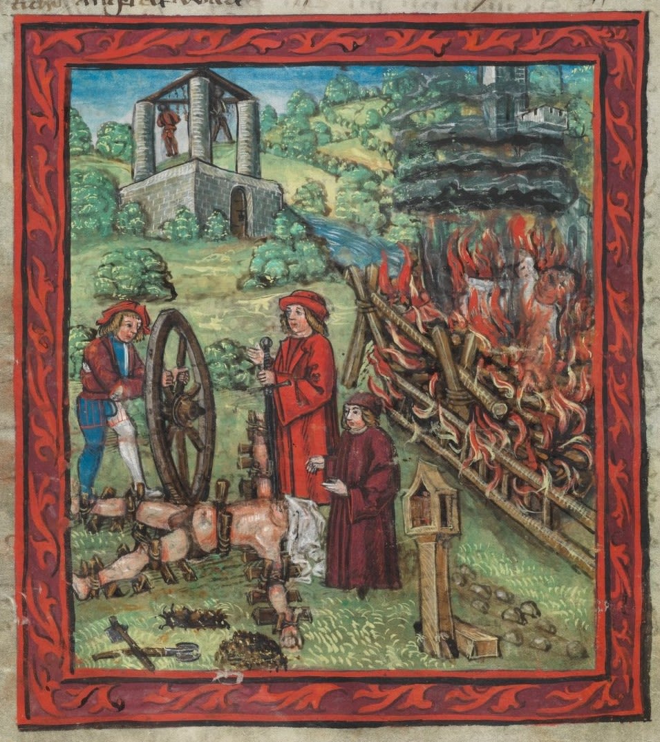 Folter und geplante Räderung 1495, rechts im Hintergrund verwesen Erhängte © Diebold Schilling, Luzerner Chronik, S. 352