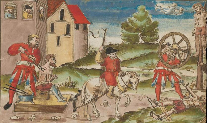 Ein Verurteilter wird auf dem Weg zur Räderung weiter mit glühenden Eisen gequält und nach dem Tod zusätzlich gepfählt © Johann Jakob Wicki, Wickiana, ZB, Graphische Sammlung, Ms F13, 62, https://www.e-manuscripta.ch/doi/10.7891/e-manuscripta-28