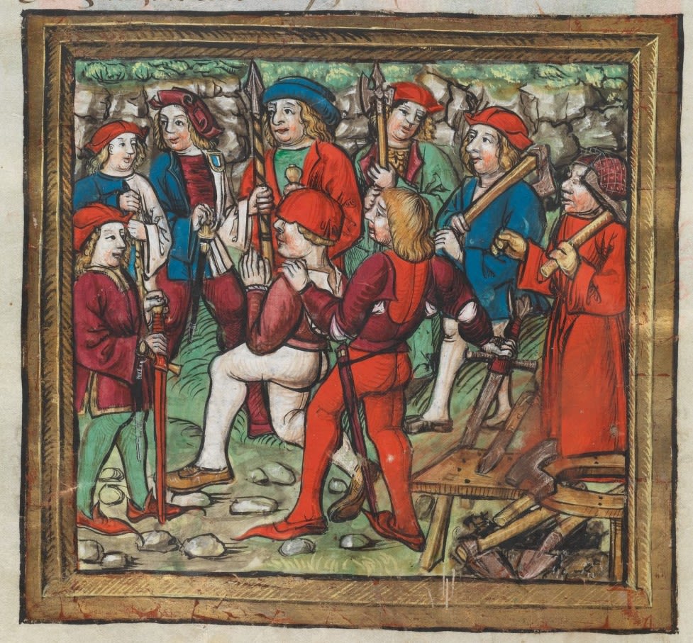 Einem Verurteilten wird 1478 im letzten Moment Gnade gewährt - Enthauptung statt Vierteilung © Diebold Schilling, Luzerner Chronik, S. 266